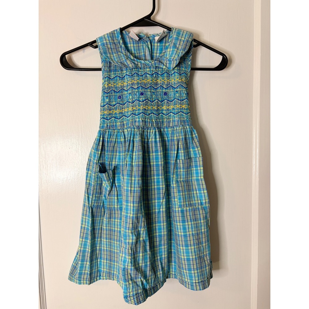 Vintage Mc Kids Girls 7 Plaid Smocked Dress Aqua Blue Yellow Peter Pan Collar